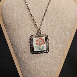 Floral Tile Pendant Necklace - Coral Flower